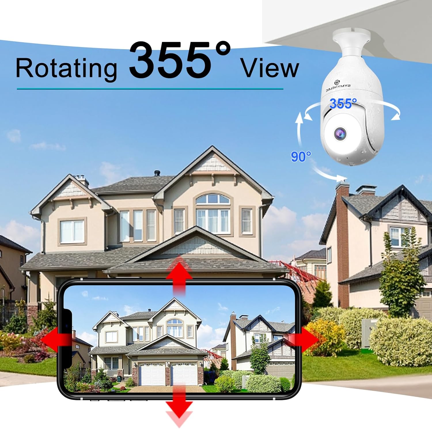 Image showing the camera rotating 355 degrees horizontally and 90 degrees vertically, with a smartphone displaying the live view.