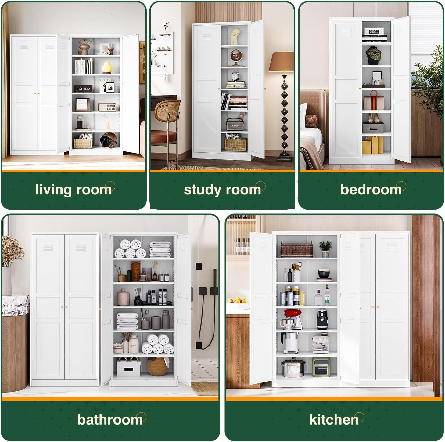 Collage of images showing the Letaya White Storage Cabinet used in different room settings: living room, study room, bedroom, bathroom, and kitchen.