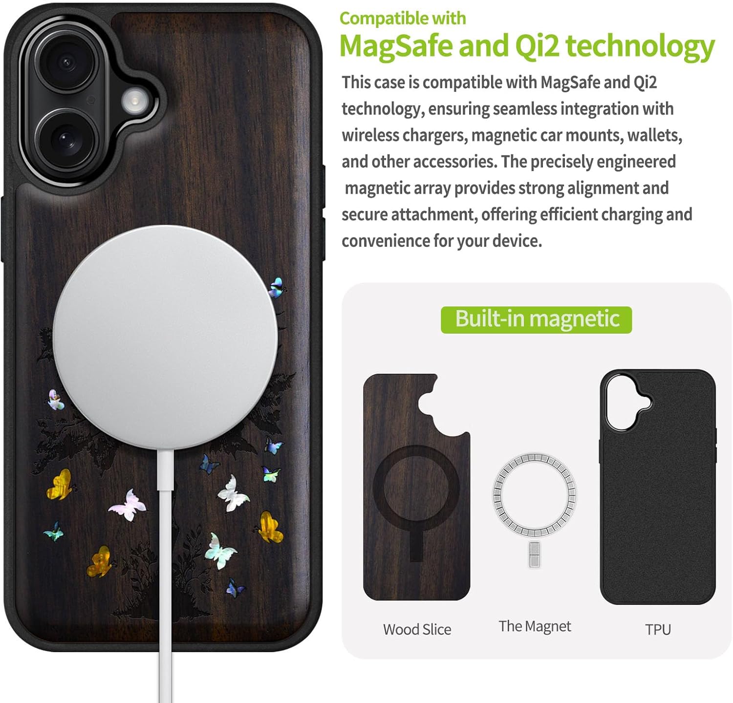 Carveit Magnetic Wooden Case for iPhone 16 Case, Wood Artisan Engraved & Handmade Shell Inlaid, TPU Shockproof Cover, Compatible with MagSafe Wireless Chargers (The Zentangle Sapling-Blackwood)