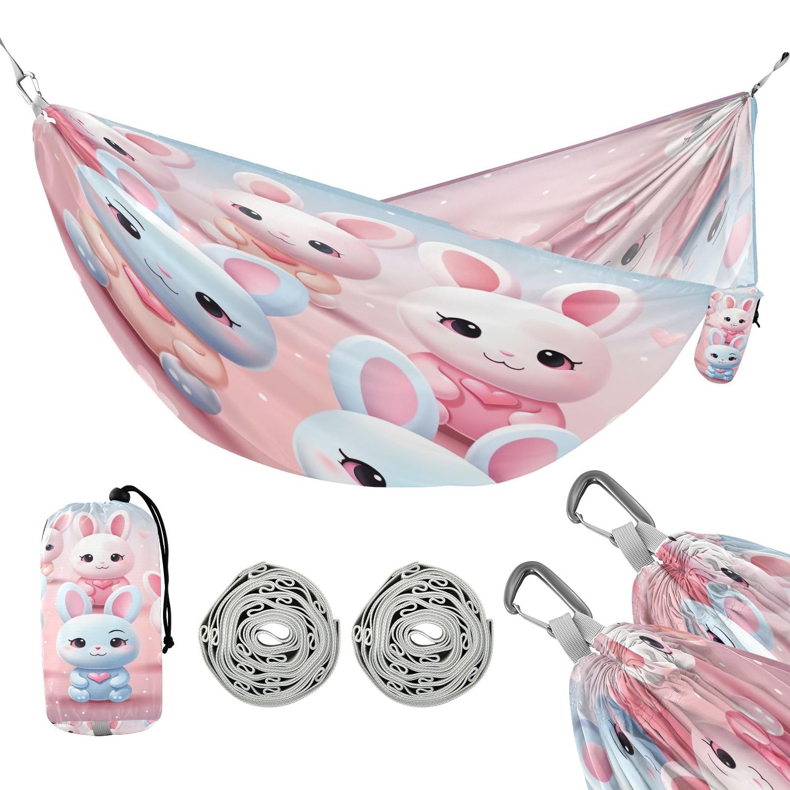 Kigai Cute Bunny Camping Hammock Durable & Portable Travel Hammock Holds 330lbs with Tree Strapsm, Pocket, Camping Accessories
