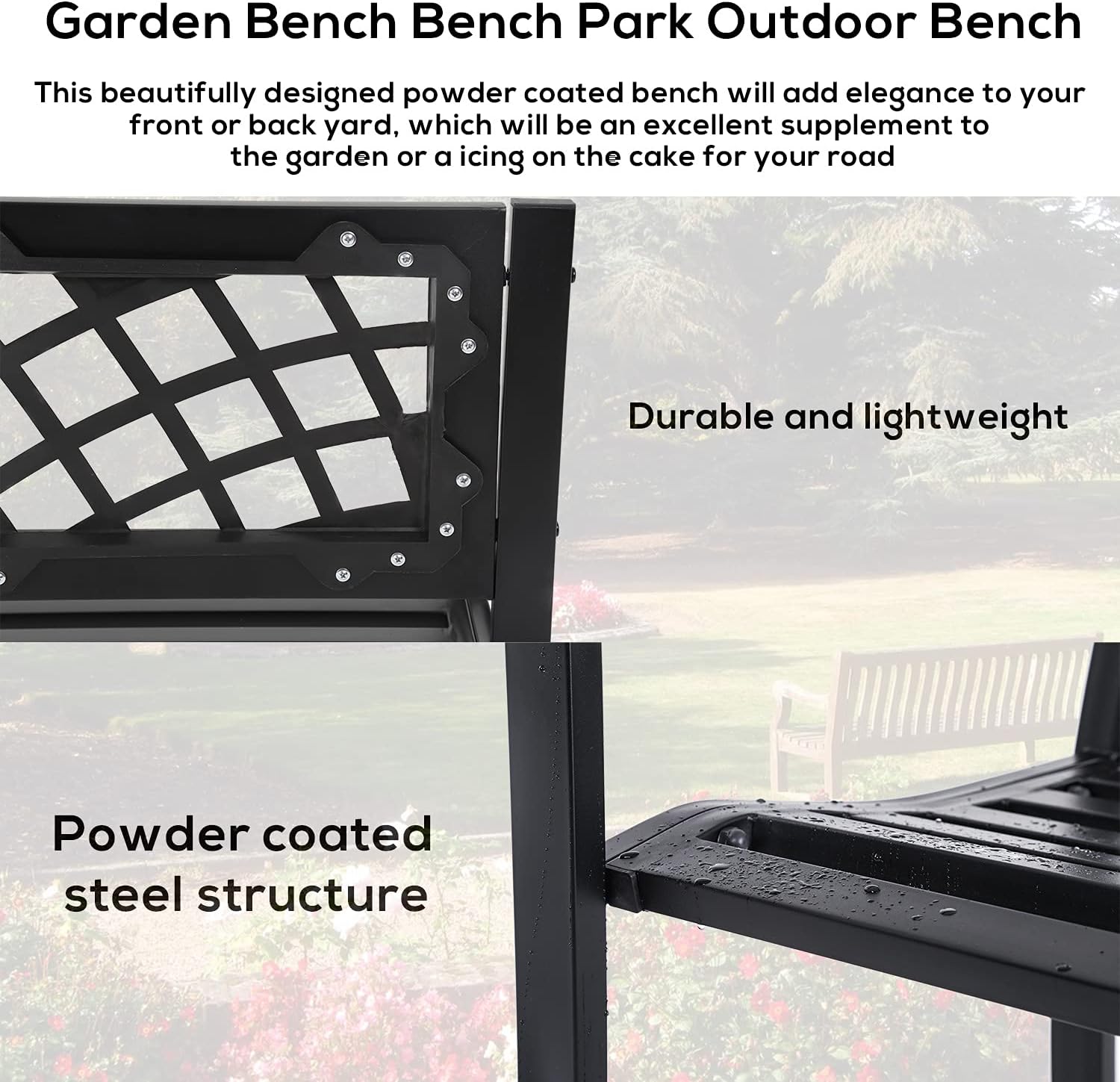 HCY Garden Bench Outdoor Metal Bench Patio Garden Bench Sturdy Steel Frame Furniture for Outdoor,Yard, Park, Porch, Entryway, Lawn,(Black), 45''x18''x30''