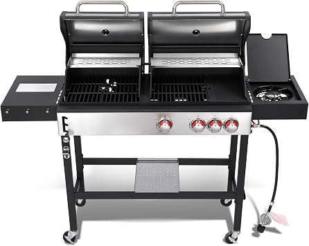 3 Burner Gas & Charcoal Combo Grill with Side Burner, Outdoor BBQ Propane Grill, 672 Sq. In. Cast Iron Grates & Reversible Griddle, 37100 BTU Stainless Steel Lid for Backyard Cooking