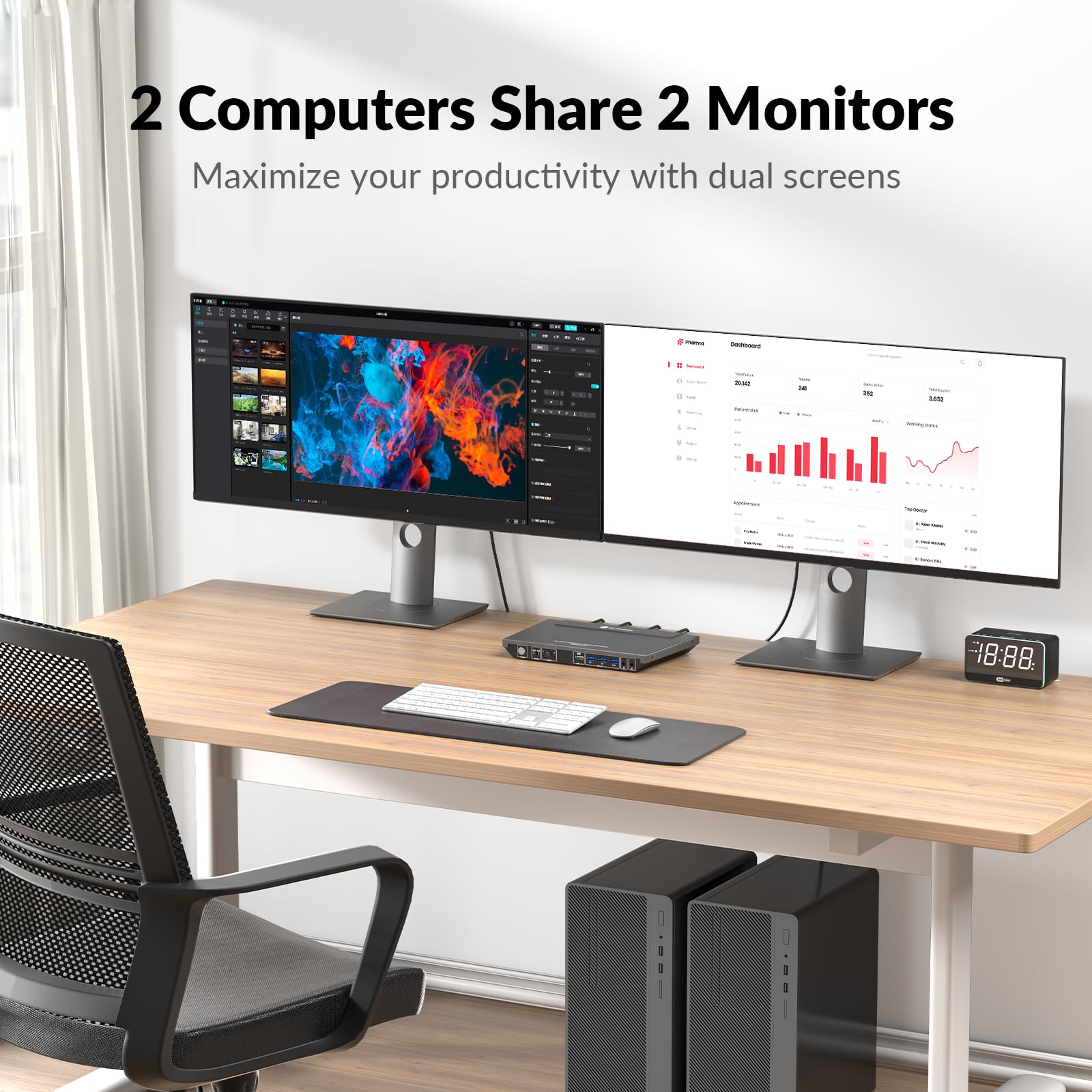 AV Access KVM Switch Doppio Monitor 2 Porte 4K@60Hz, 2K@144Hz, 1080P@240Hz, HDMI USB 3.0 Display Esteso 2 Monitor 2 Computer, Hotkey