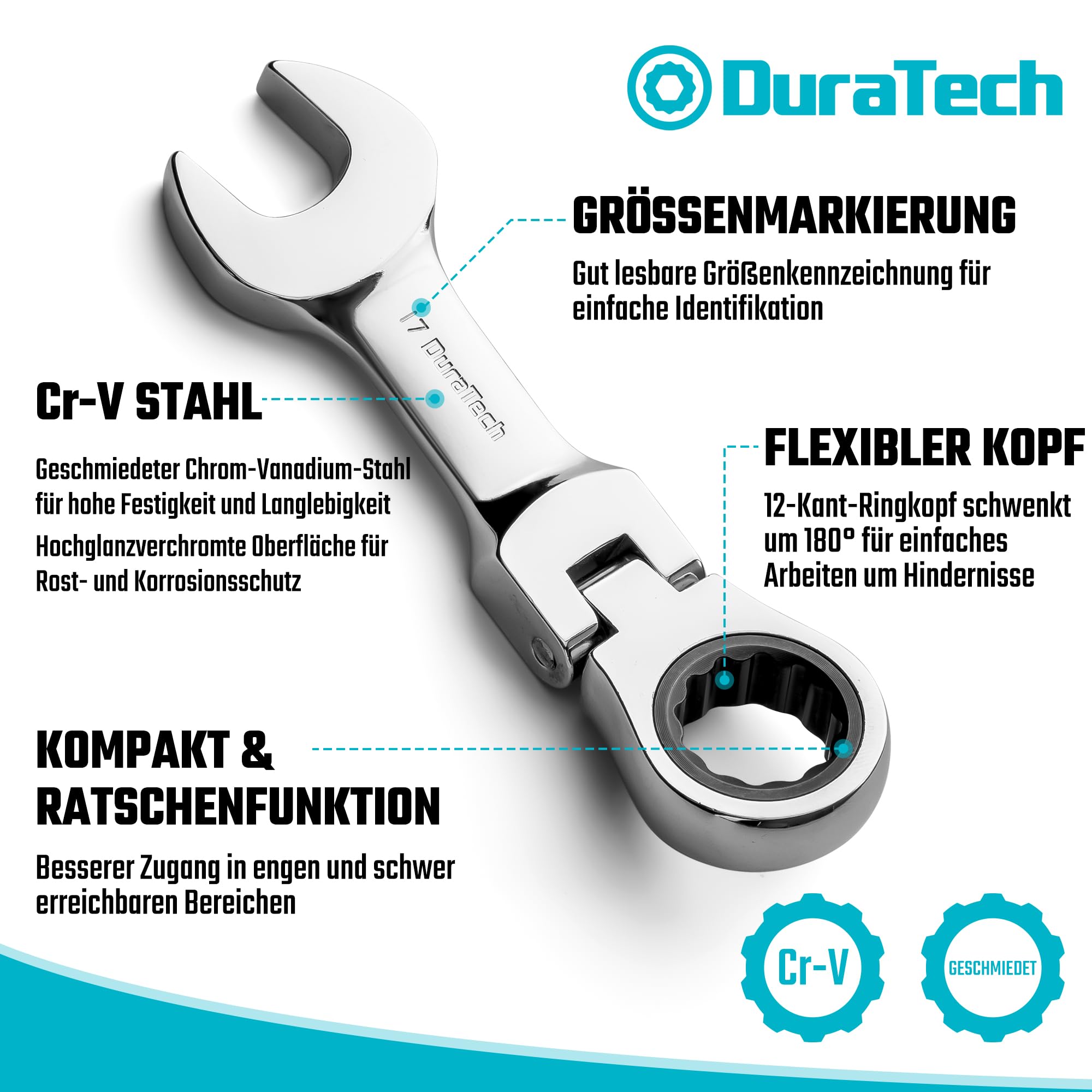 DURATECH 12-tlg. Kurz Flex-Kopf Ratschenringschlüssel-Satz, 8–19 mm
