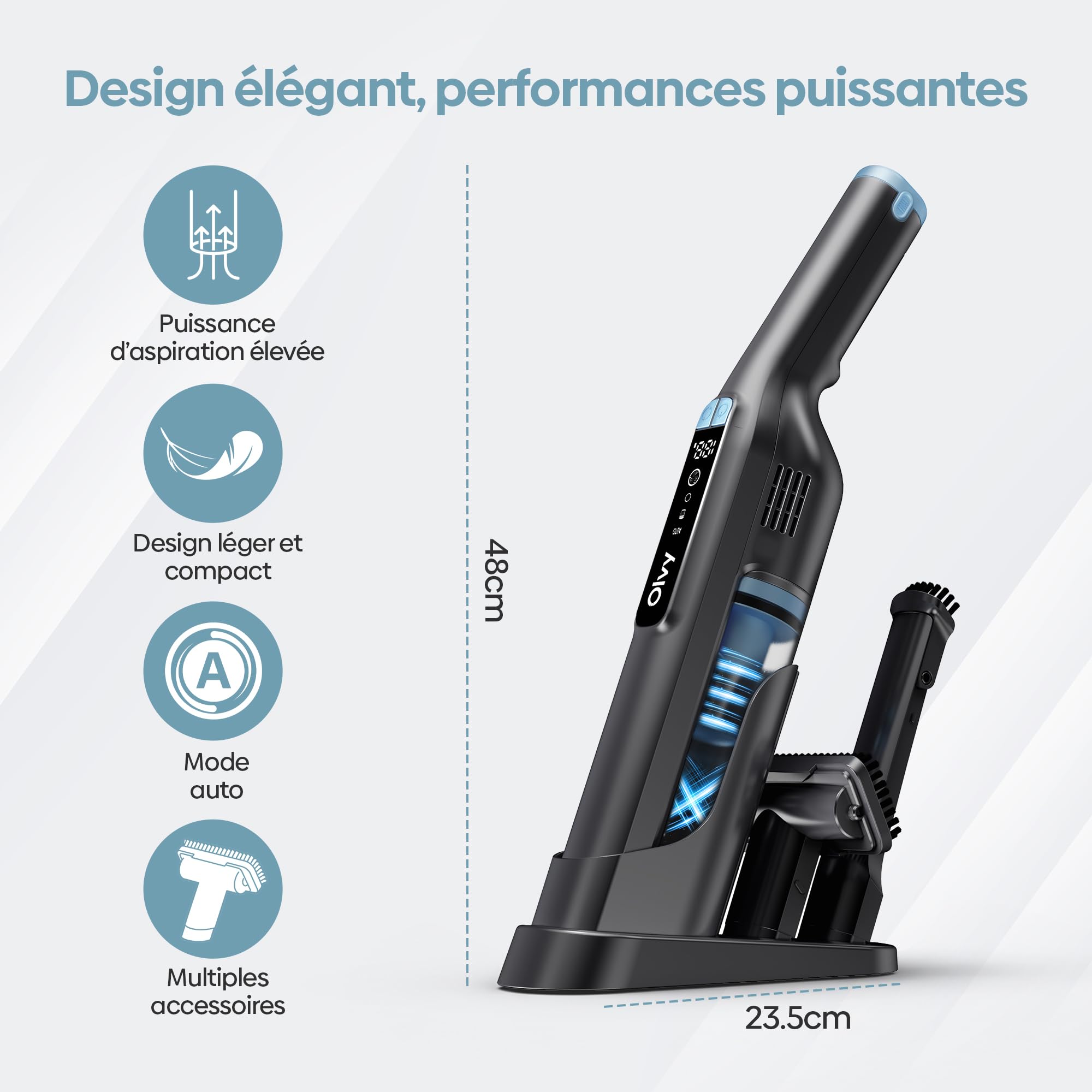 Olvy HC32 Pro Aspirateur à Main sans Fil – 22 kPa Puissance d’Aspiration, Moteur 250 W, 3 Vitesses, Jusqu’à 35 Min d’Autonomie, Écran LCD, Filtre HEPA, Aspirateur Voiture Portable avec Accessoires