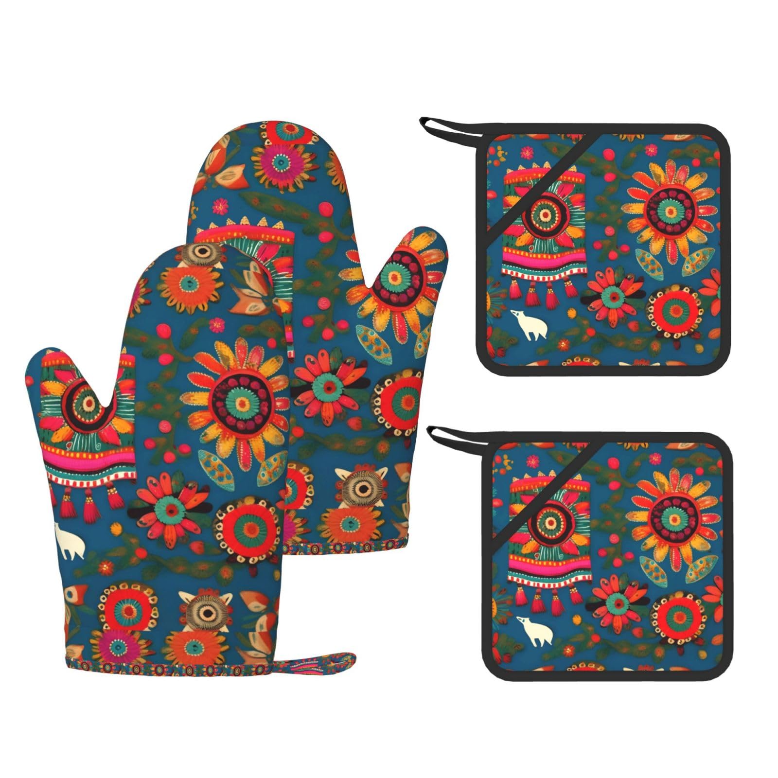Mexican Folk Art Boho Print Kitchen Heat Resistant Set,Cooking Kit With Hanging Loop For Baking & Bbq