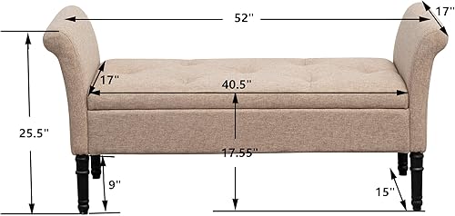 Miniatura 2 de annjoe Banco otomano de almacenamiento, banco de dormitorio, cama, entrada, pasillo, cofre/reposapiés/asiento acolchado (O70324-TAN, bronceado)