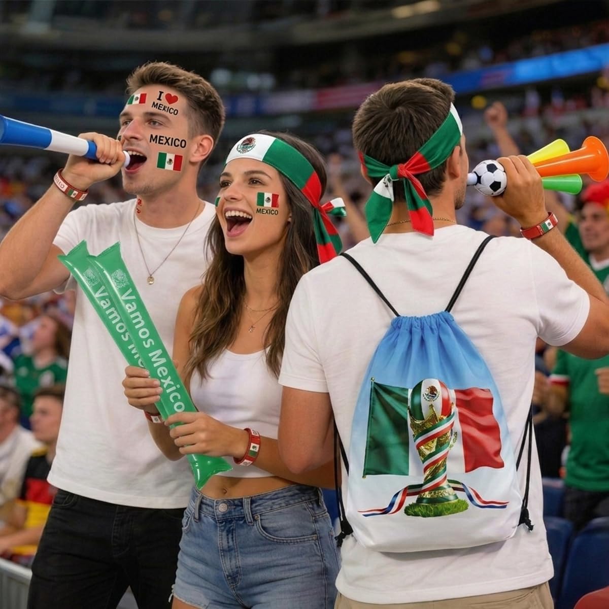 2026 World Cup Mexico Soccer Fan Gear Set, 7-Piece Drawstring Backpack Decoration & Storage Set for World Cup & Patriotic Holidays