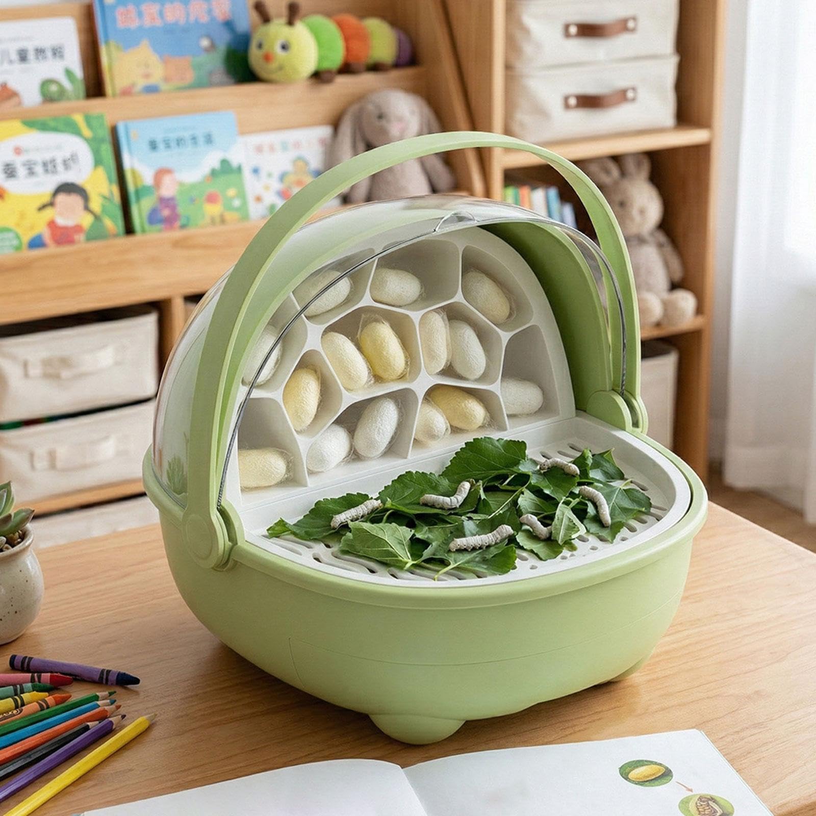 Milageto Boîte d'élevage pour bébés vers à Soie, Cage avec poignée, incassable, pour Reptiles, Contenant d'élevage, Vert