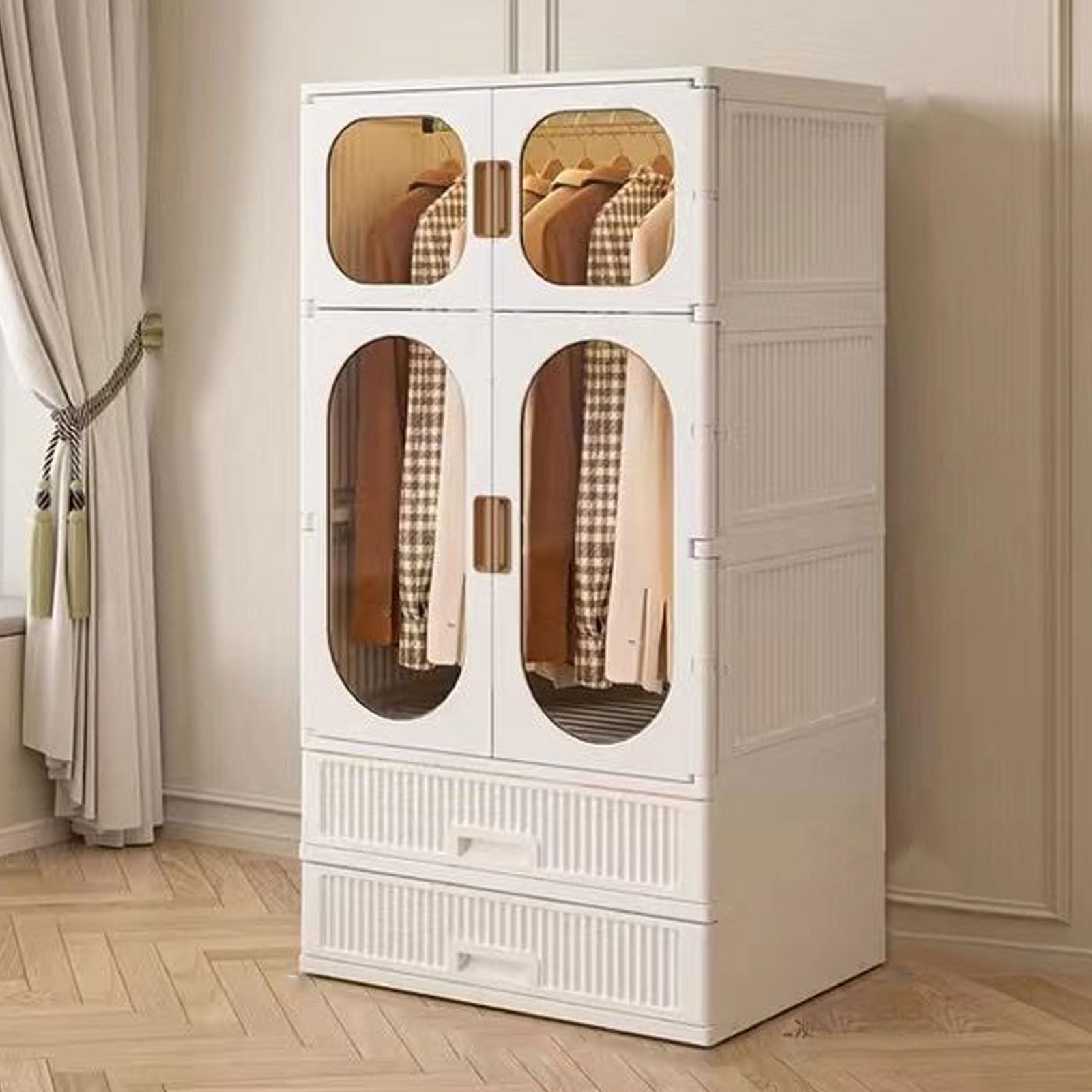 Armario plegable con múltiples estantes de almacenamiento, paneles de polipropileno y base de marco de metal, cuenta con rodillos y cajones, perfecto para la organización del dormitorio
