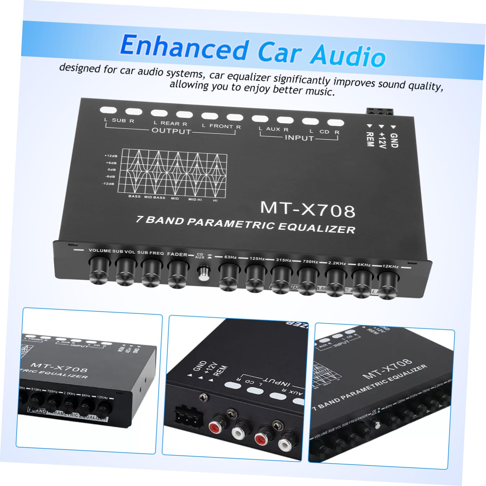 Amosfun Ecualizador de Coche de 7 Bandas Amplificador Digital Ajustable Ecualizador Estéreo para de Sonido de Automóvil y Conveniente