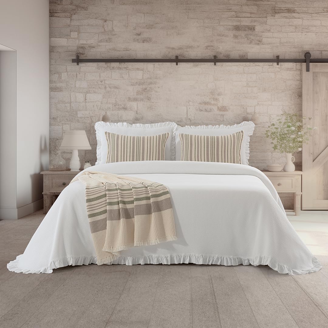 Colcha Blanca con Volante - Colcha 280x260 para Cama de 200 - Algodón Eva - Colcha de Verano con Estampado Elegante