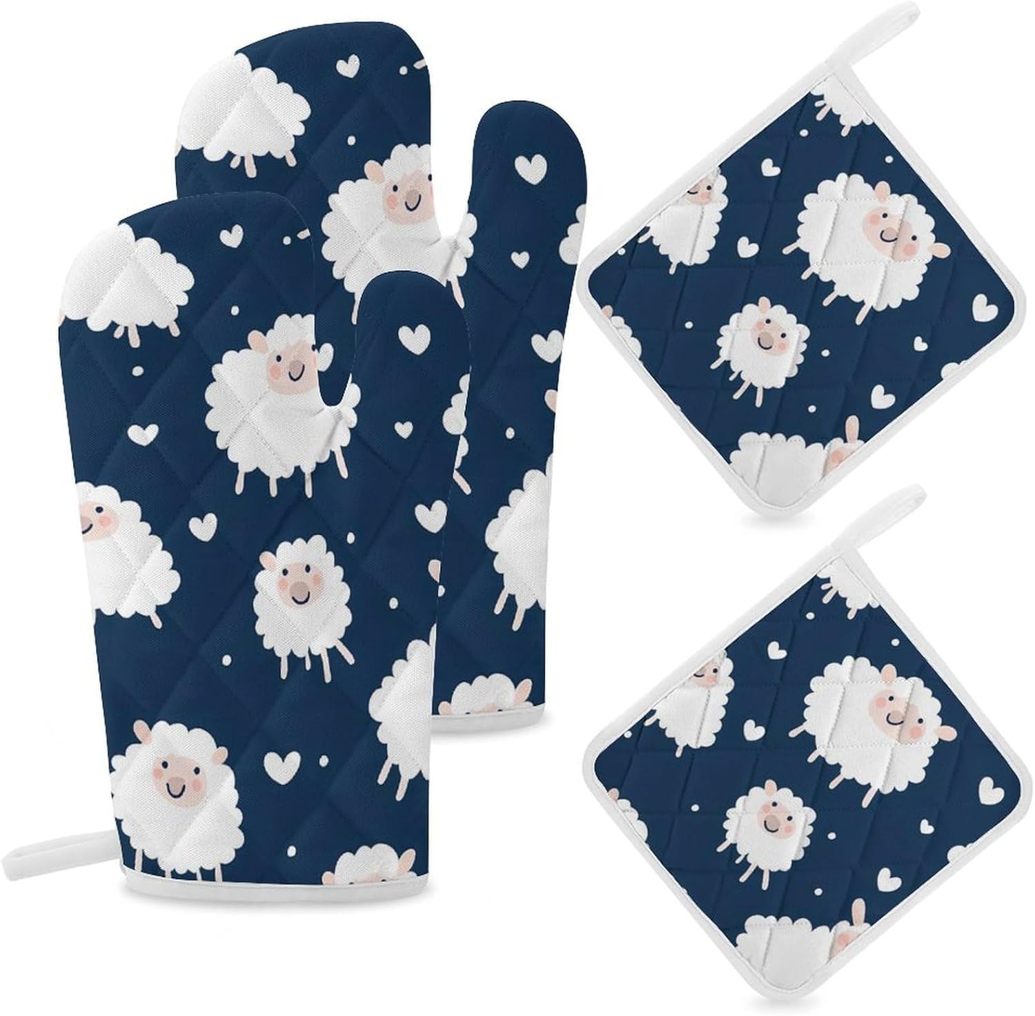 Cute Sheep Pattern Oven Mitts and Pot Holders 4Pcs Set Heat Resistant Cooking Mitts Hot Pads