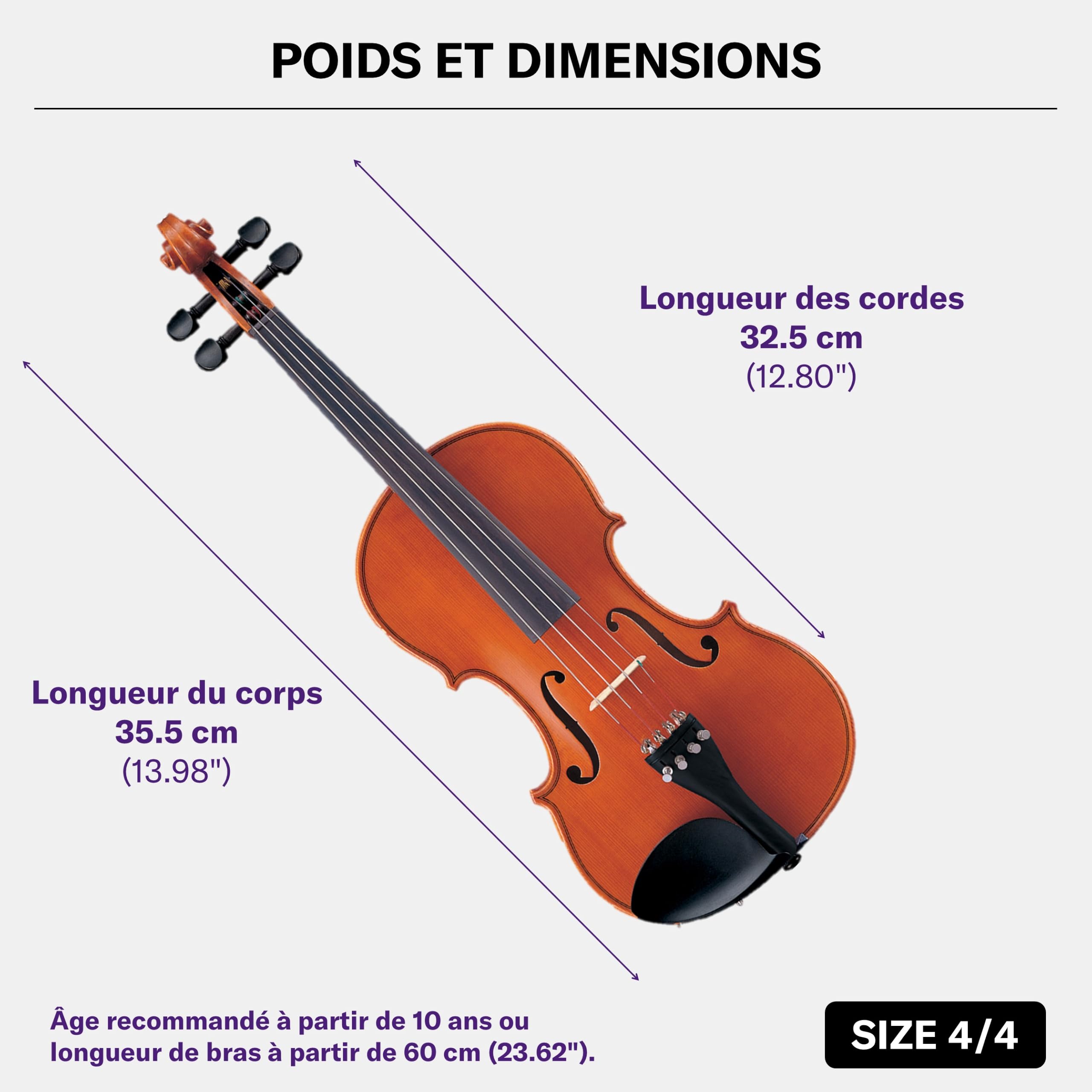 YAMAHA V5SA44 Set Violon Acoustique – Taille 4/4, Violon D'Étude Monté à la Main, Table Épicéa, Fond Érable, Touche, Cordier 4 Tendeurs Ébène, En Étui avec Archet et Colophane – Marron
