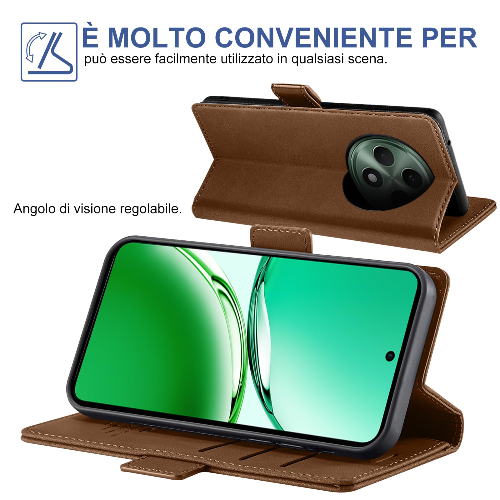 Giyer Cover per OPPO Reno12 FS/F 5G Custodia con Vetro Temperato, Premium Pelle PU Portafoglio Slot per Scheda RFID Antifurto Funzione Supporto Flip Case, Antiurto per OPPO Reno12 FS Cover (Marrone)
