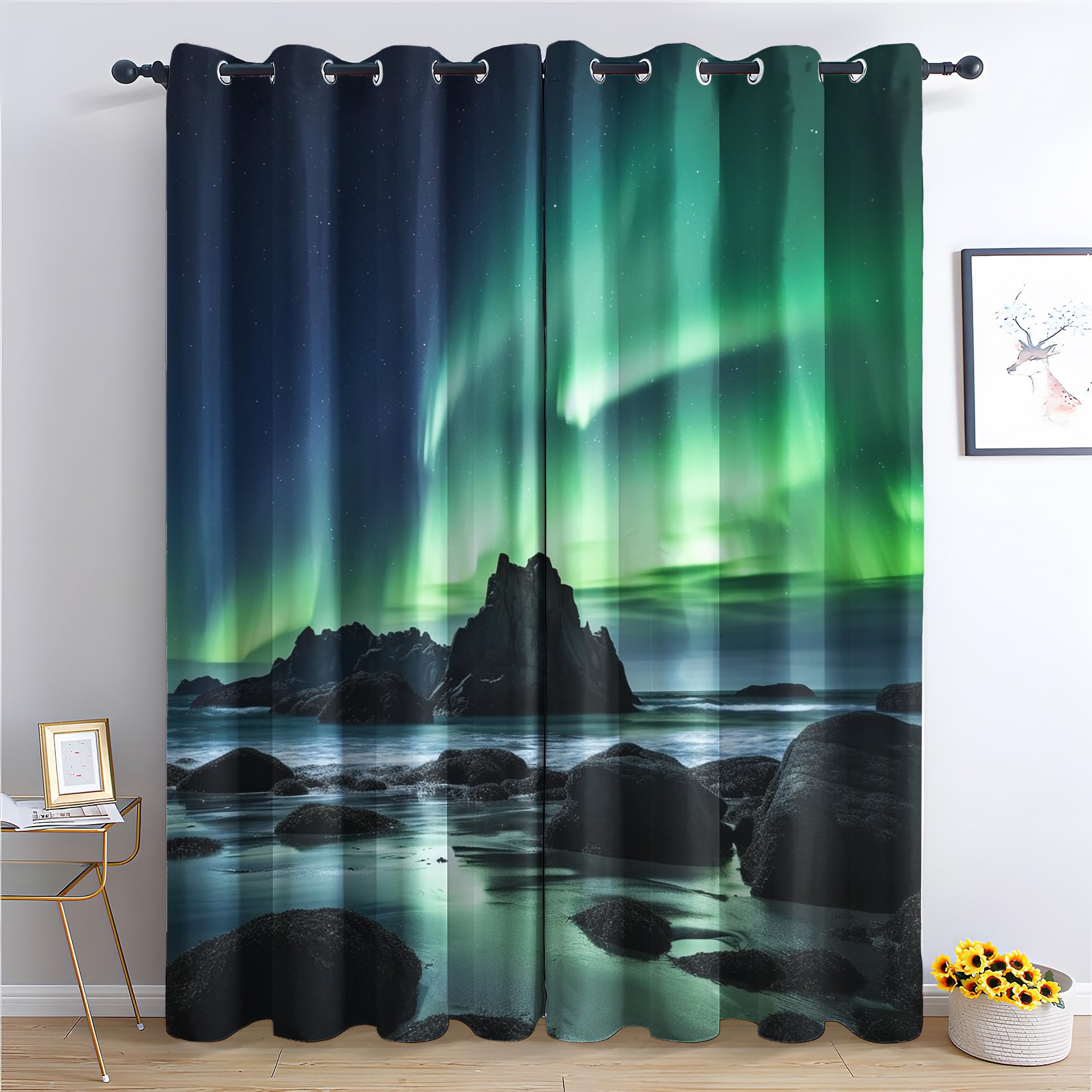 QEODAH Aurora Borealis Curtains 213cm Drop, Northern Lights Nature Landscape Patterned Blackout Curtains for Bedroom, Living Room Decor, Soft Thermal Insulated Eyelet Drapes for Windows - 2 Panels