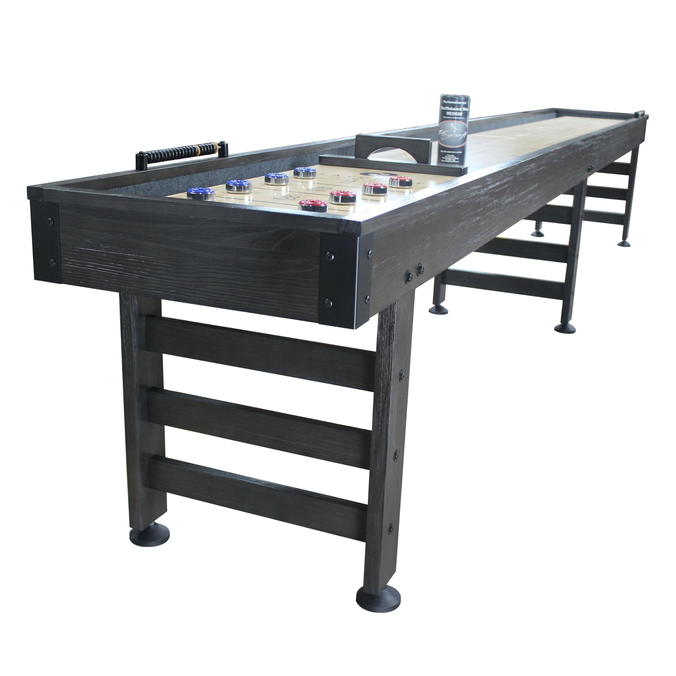 Playcraft Saybrook Shuffleboard Table with DIY Assembly - 14’ Fully Knock-Down Shuffle Board Game Table with Abacus, 8 Pucks & Premium Wax - Pro Style Climate Adjusters - Midnight Charcoal Gray