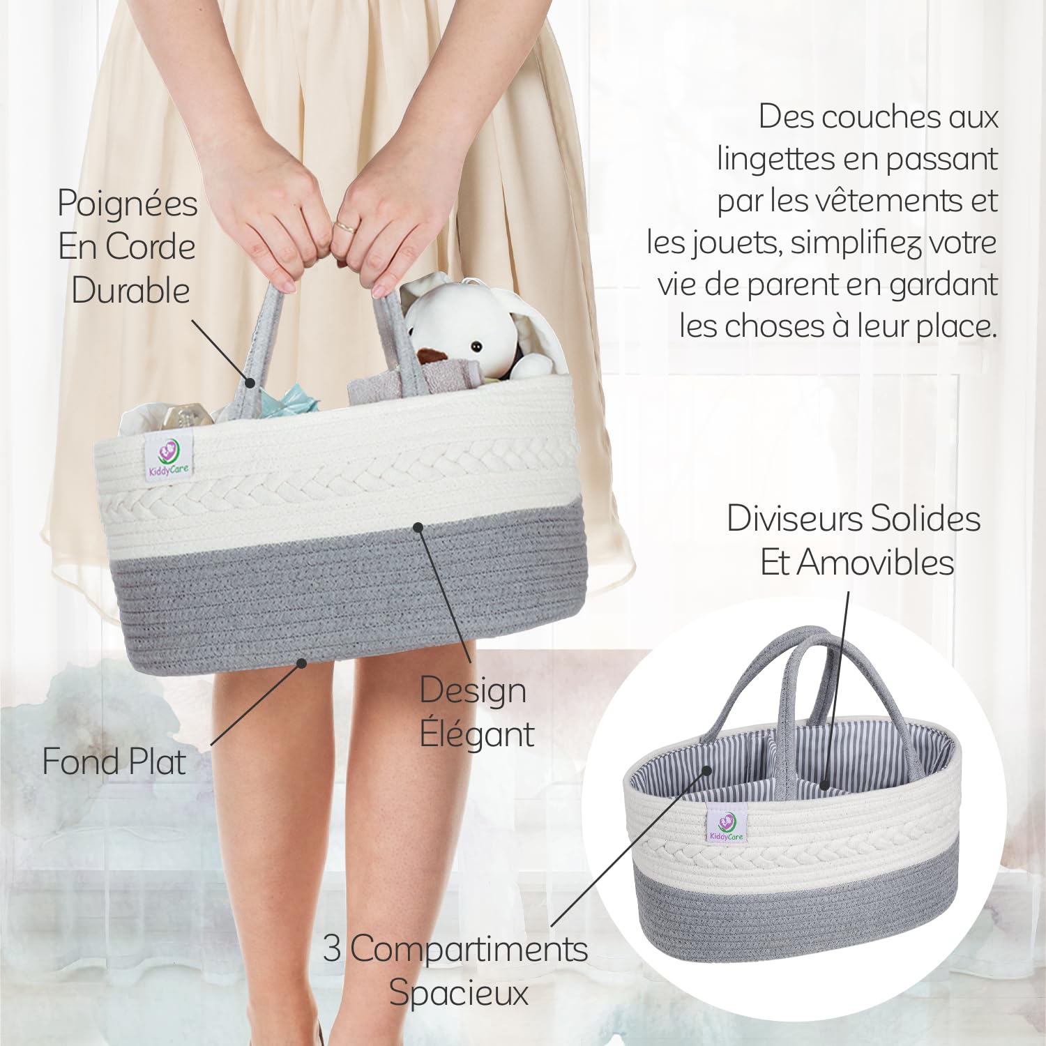 KiddyCare - Distributeurs de Couches et Range-Couches Polyvalent en Toile 100% Coton et Corde Tissée, 3 Compartiments Amovibles, Idéal Pour vos Déplacements, Cadeau Babyshower [Gris, Taille Normale]