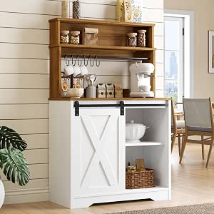 Farmhouse Coffee Bar with Hutch, 55 Inch White Cabinet with LED Light and Sliding Barn Door