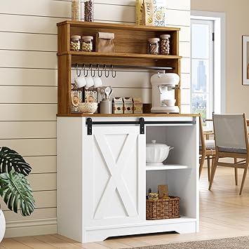 Farmhouse Coffee Bar with Hutch, 55 Inch White Coffee Bar Cabinet Storage with LED Light and Sliding Barn Door, Buffet Cabinet with 6 Hooks, Adjustable Shelves for Living Dining Room