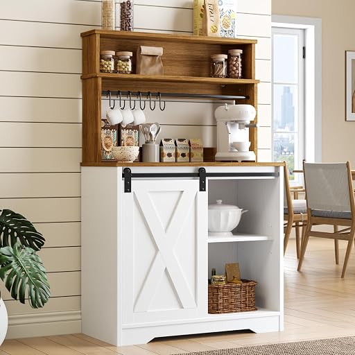 Farmhouse Coffee Bar with Hutch, 55 Inch White Coffee Bar Cabinet Storage with LED Light and Sliding Barn Door, Buffet Cabinet with 6 Hooks, Adjustable Shelves for Living Dining Room