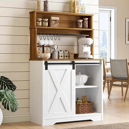 Farmhouse Coffee Bar with Hutch, 55 Inch White Coffee Bar
