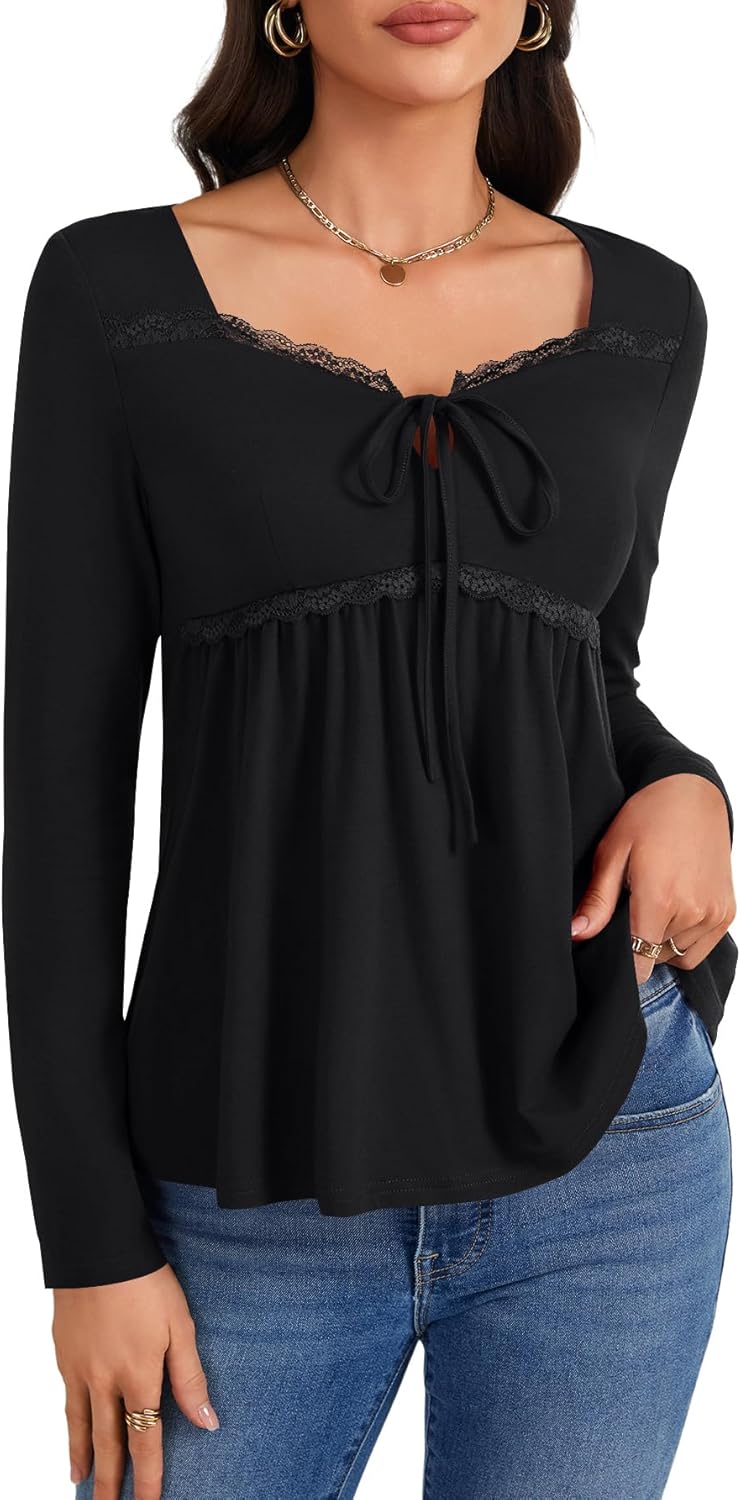 Rooscier Women's Sweetheart Neck Tie Knot Contrast Lace Ruched Long Sleeve Ruffle Blouse Top Shirt - Image 2