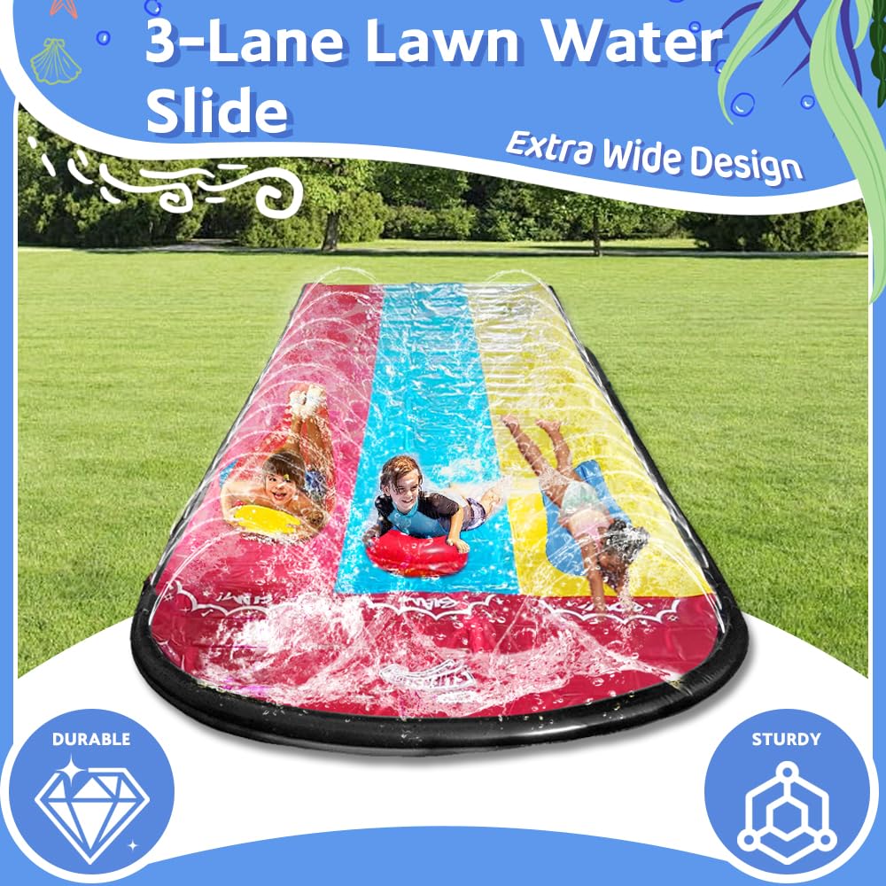 Scivolo d'Acqua Triplo Racer 480x210CM, Scivolo Acquatico Giardino con Irrigatore e 3 Tavole Gonfiabili, per Bambini Adulti