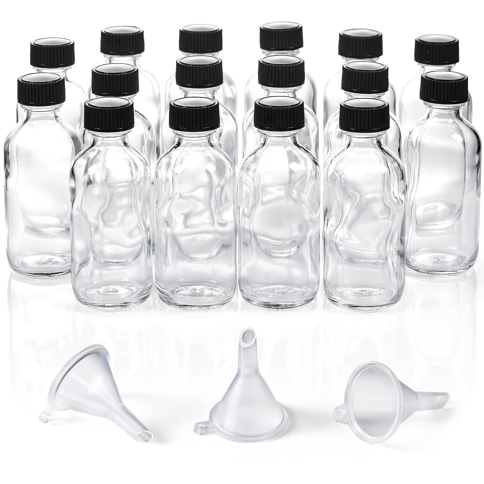 AOZITA 16 Pack, 2 oz Small Clear Glass Bottles w/Lid &amp; 3 Funnels - 60ml Boston Shot Bottles for Health, Immunity, Potion, Wellness, Sample, Ginger, Juice - Mini Personal Care &amp; Beauty Travel Bottle