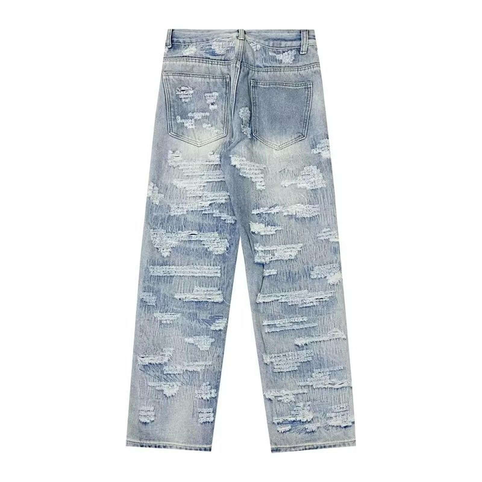 Jeans da Uomo Larghi con Toppa alla Moda in Jacquard elettronico, Stile Distrutto e Lavato - Blu - S