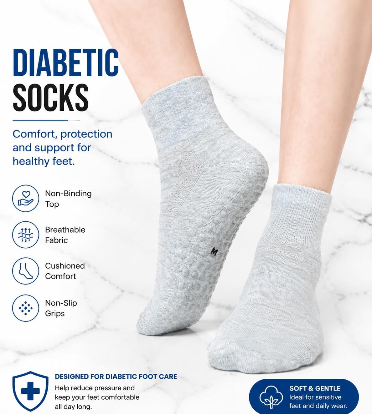 Women’s Diabetic Socks, 6 Pairs Non Slip Non Binding Extra Wide Ankle Socks for Swollen Feet, Lymphedema, Neuropathy