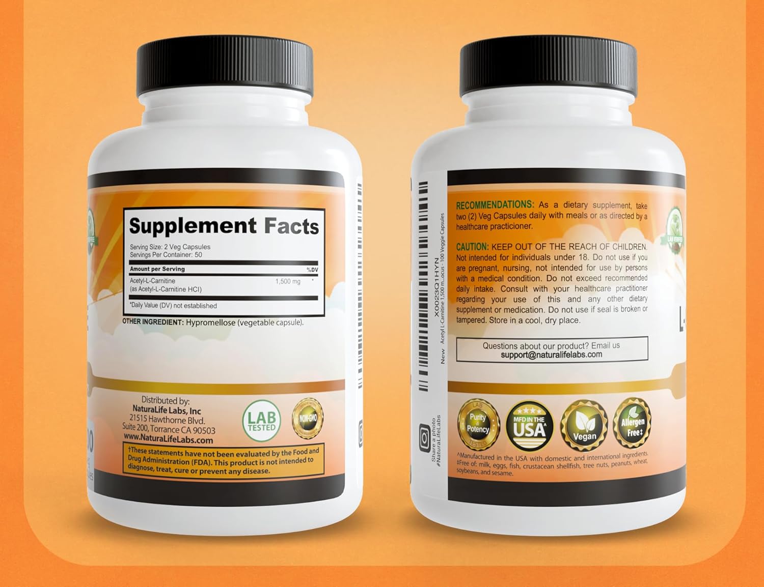 NaturaLife Labs Acetyl L-Carnitine (ALCAR) 1500 mg per Serving – 100 Capsules – Non-GMO, Gluten-Free, Vegan (2 Pack)