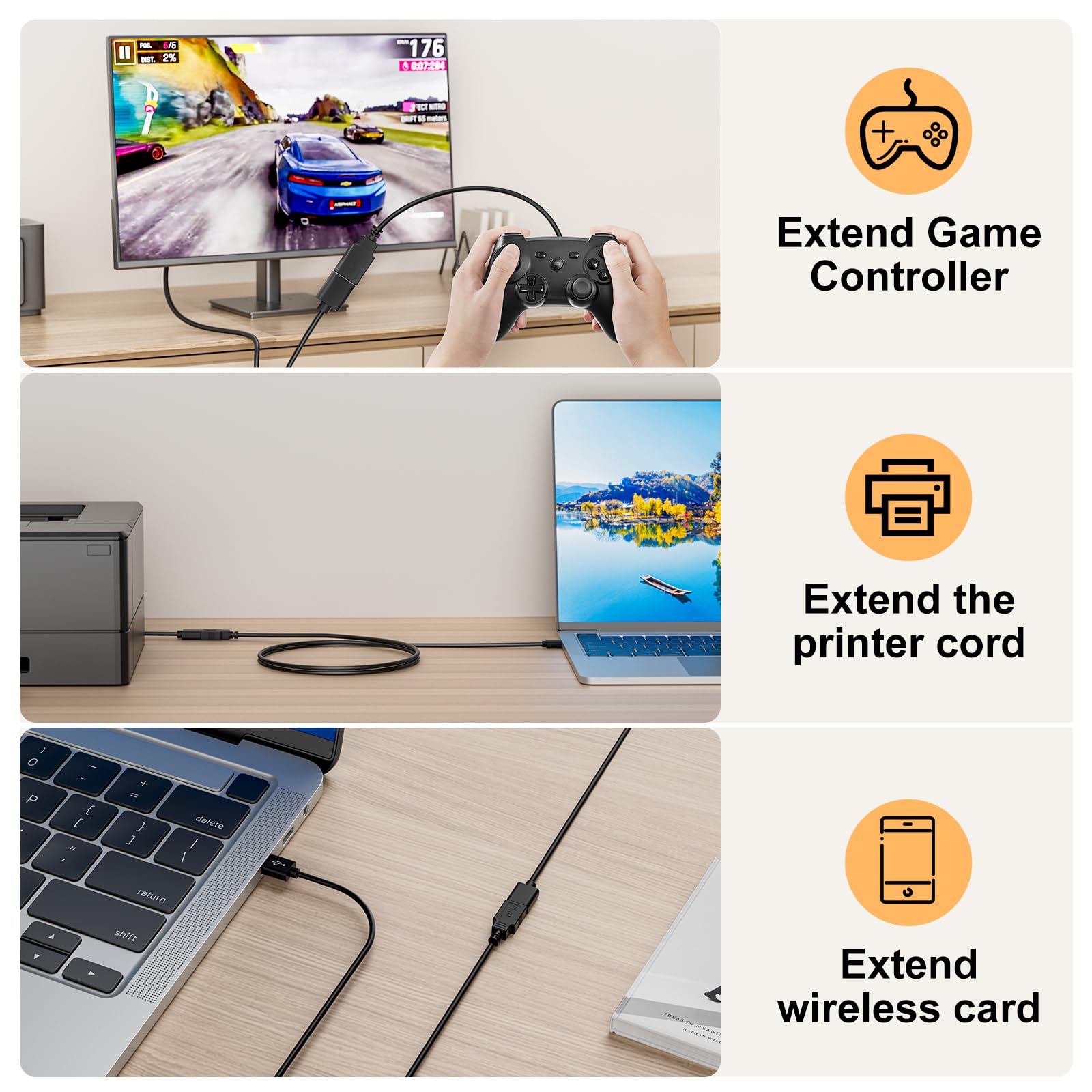 Kabel przedłużający USB 3.0 4,6 m, kabel przedłużający USB 3.0 High Speed 4,6 m, typ A męski na żeński A (czarny, 4,6 m)