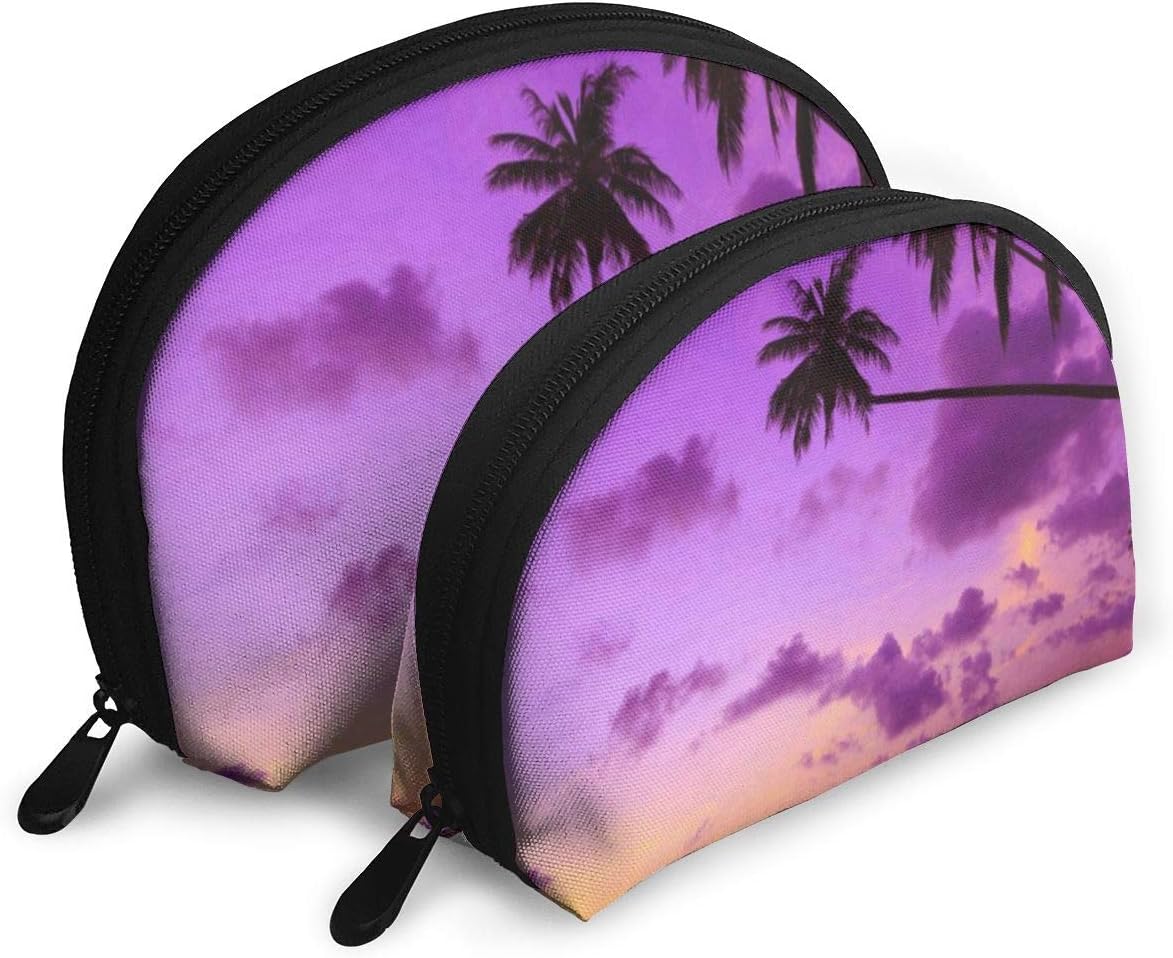 Makeup Bag Purple Palm Trees Sunset Portable Shell Makeup Case For Girls Halloween Gift 2 Pack