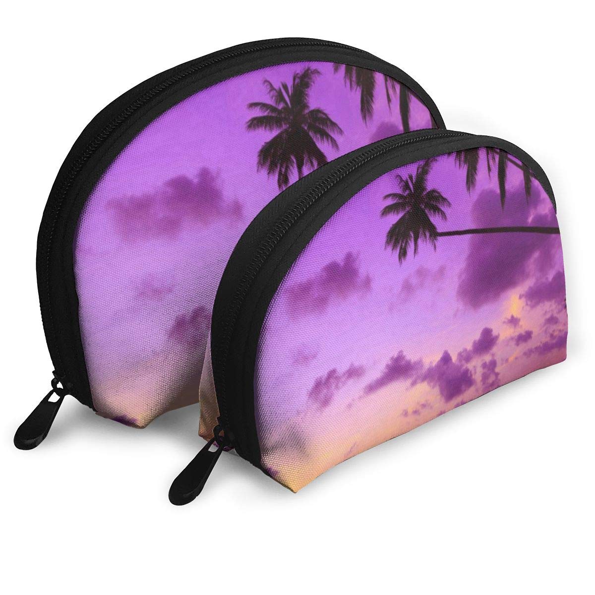 Makeup Bag Purple Palm Trees Sunset Portable Shell Makeup Case For Girls Halloween Gift 2 Pack