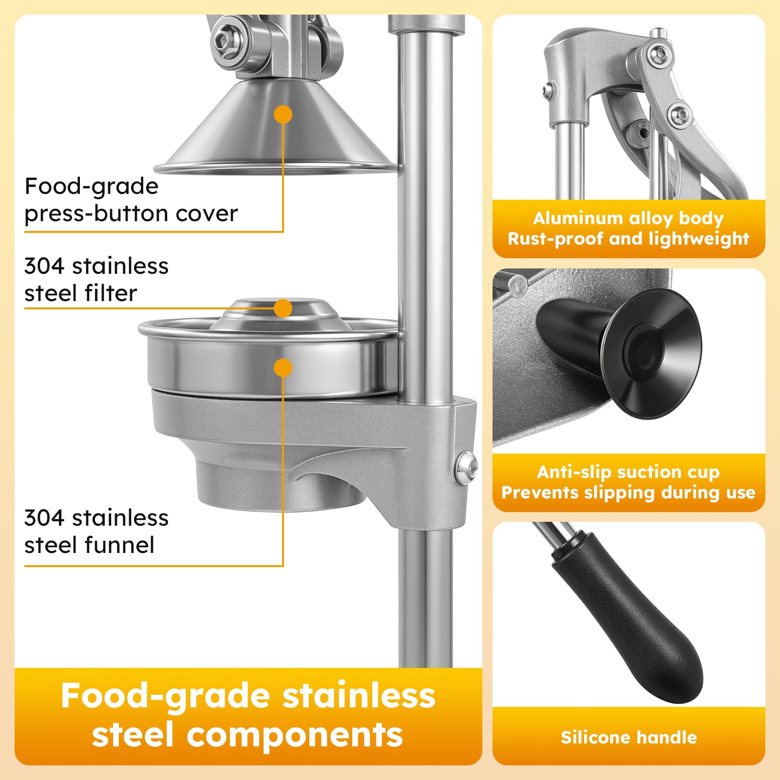 Exprimidor Manual, Exprimidor de Naranjas Profesional, Lemon Squeezer, Exprimidor Mano Prensa Manual, Comercial Exprimidor Limon para Naranjas, Limones, Granada, Pomelos, Cítricos, Gris Claro