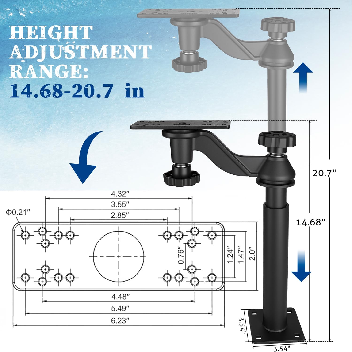 20.7” Adjustable Telescoping Fish Finder Mount for Boats,for 5"-12" Fishfinders & Chartplotters,Adjustable Height Range 15" to 20.7",Compatible with Lowrance, Garmin, Humminbird and More