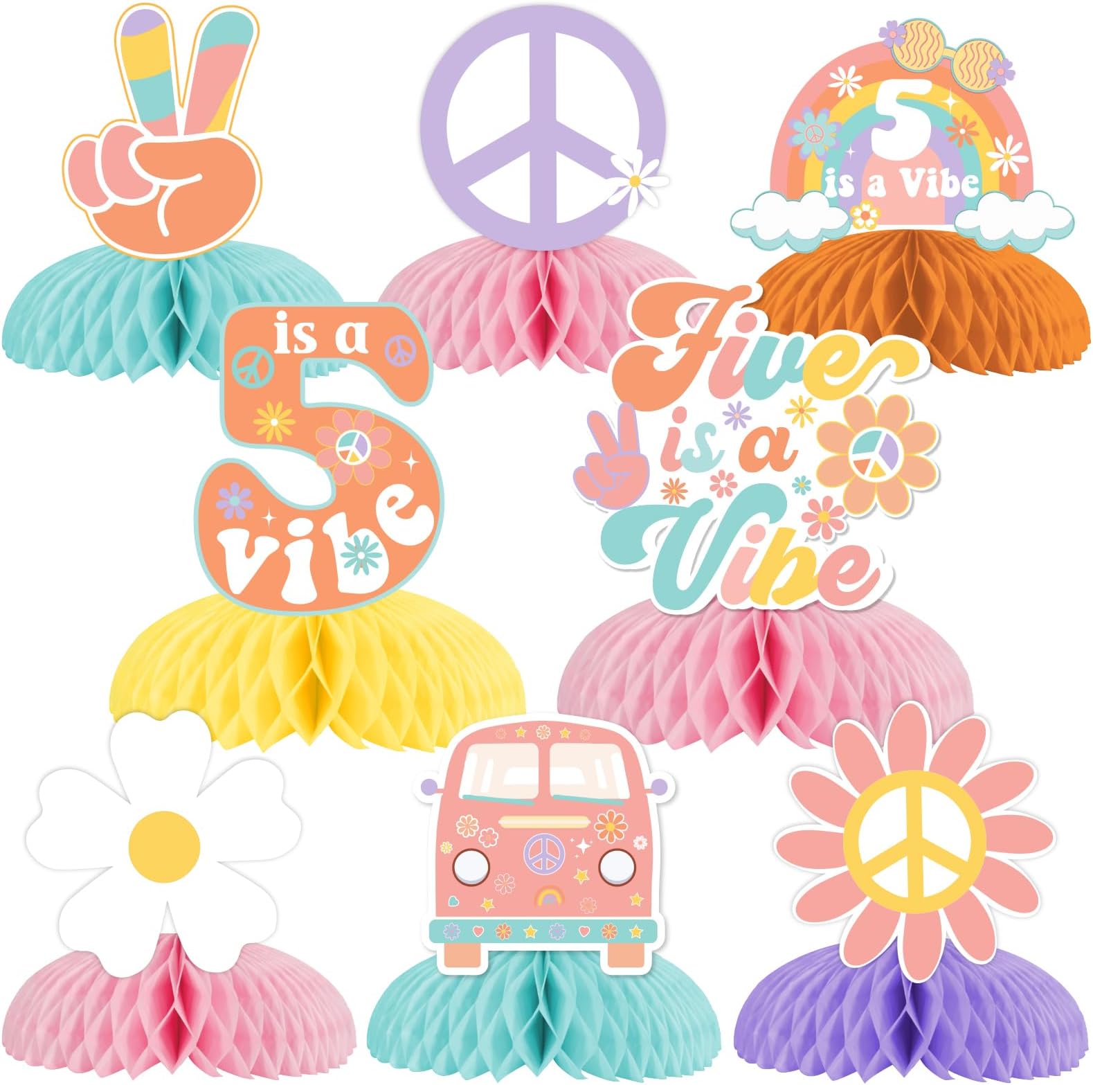 8 Pieces Five Is A Vibe Honeycomb Centerpieces, Boho Girl’s 5th Birthday Party Decorations, Daisy Flower Retro 60s 70s Hippie Theme Table Toppers Decors Party Supplies