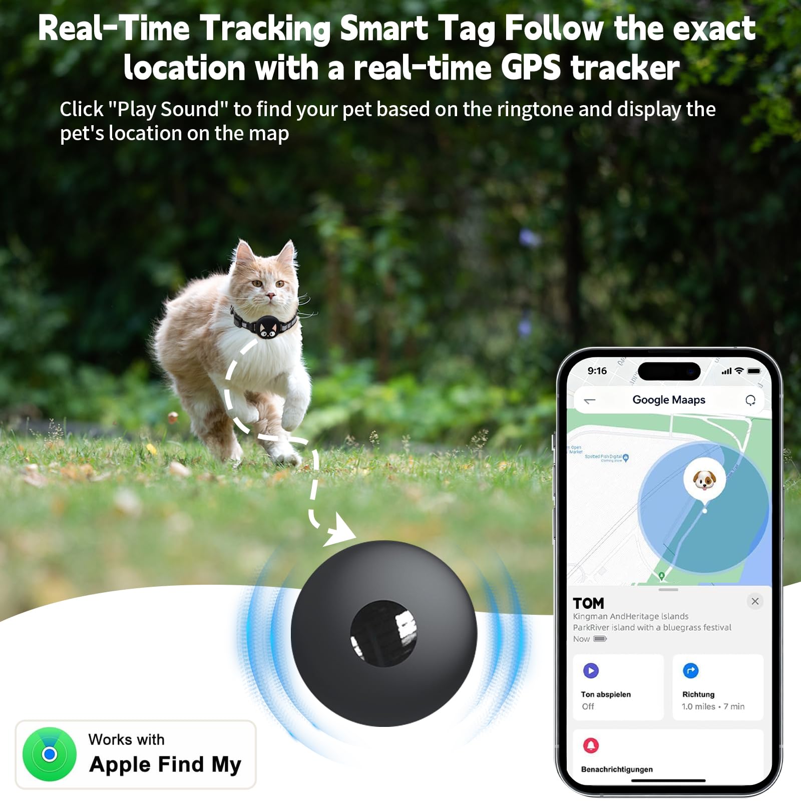 Katze GPS Tracker Hund Ohne ABO für iOS Apple, Smart Tag mit Katzen Halsband Keine Monatliche Gebühr, Mini Pet Tracker Air Tags für Kinderverfolgung Katzentracker Katzentracking, 1 Set
