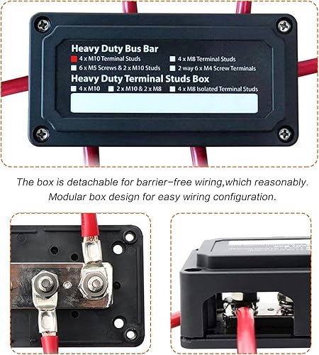 Miniatura 18 de 2pcs 300A Bus Bar Box Bloque de distribución de energía de latón niquelado con 4xM8 (5/16 pulgadas) positivo negativo batería bloque de conexiones