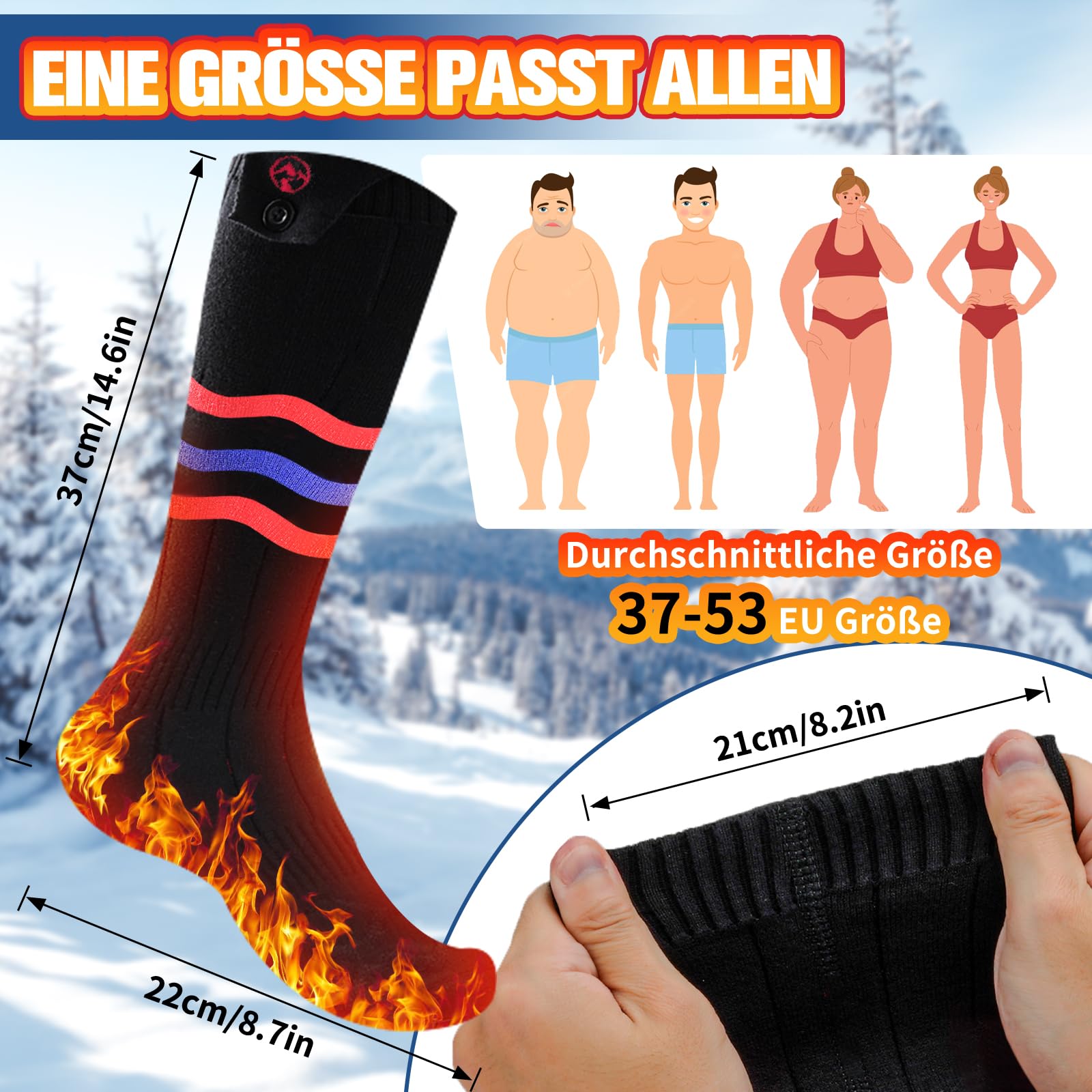 Multper Beheizbare Socken Damen Herren, 5V 5000mAh Wiederaufladbare Heizsocken, 3 Heizstufen Beheizte Socken, Fußwärmer Warme Socken für Outdoor Skifahren Radfahren Winter Camping Wandern