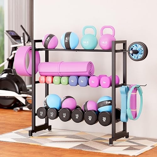 Miniatura 2 de Soporte ajustable de 3 niveles para mancuernas  Soporte de almacenamiento de peso de metal resistente para mancuernas, pesas rusas y más