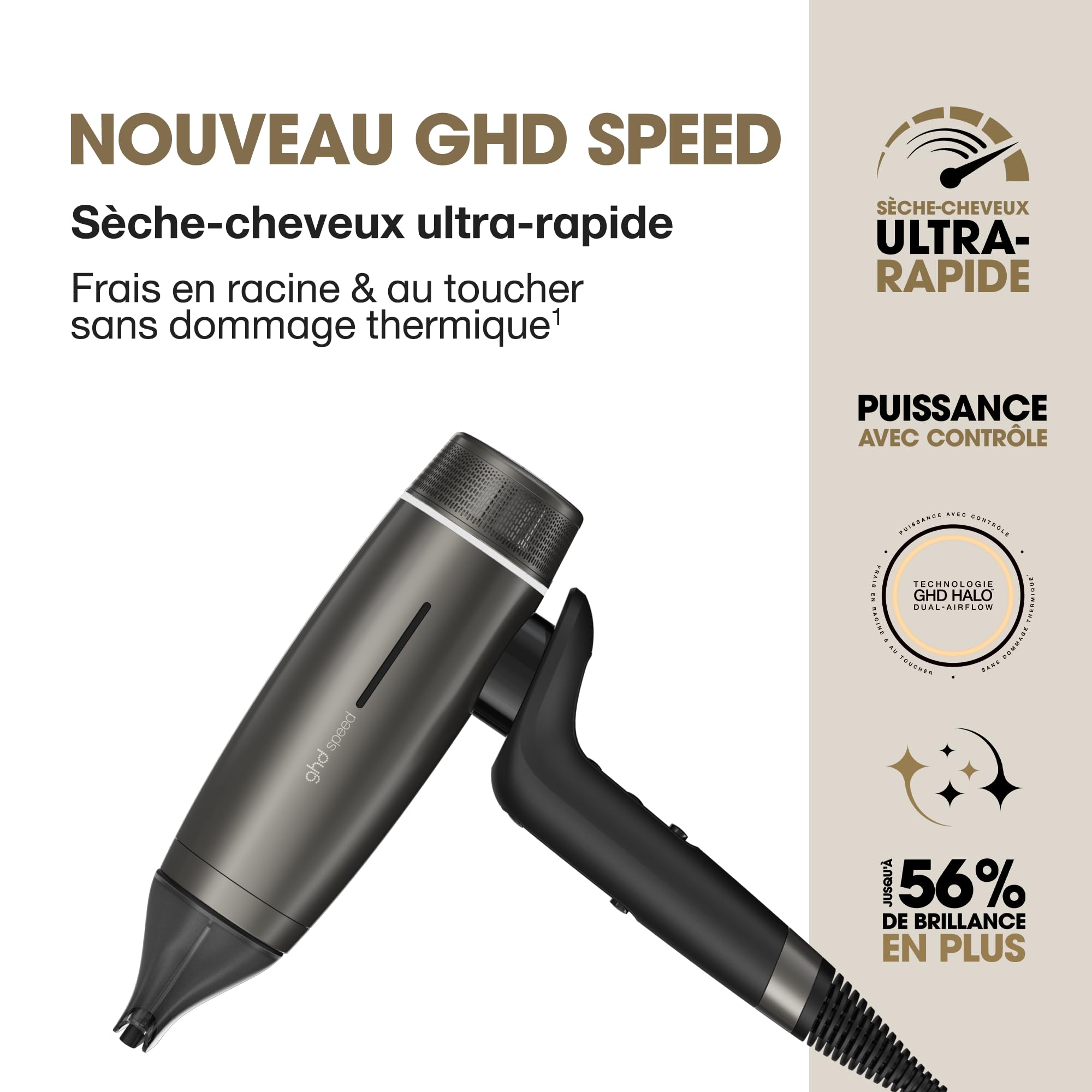 ghd - Sèche-cheveux ghd Speed - Seche cheveux professionnel - Ultra-rapide, séchage puissant avec contrôle, sans dommage thermique, frais en racine/au toucher - Recommandé par les coiffeurs