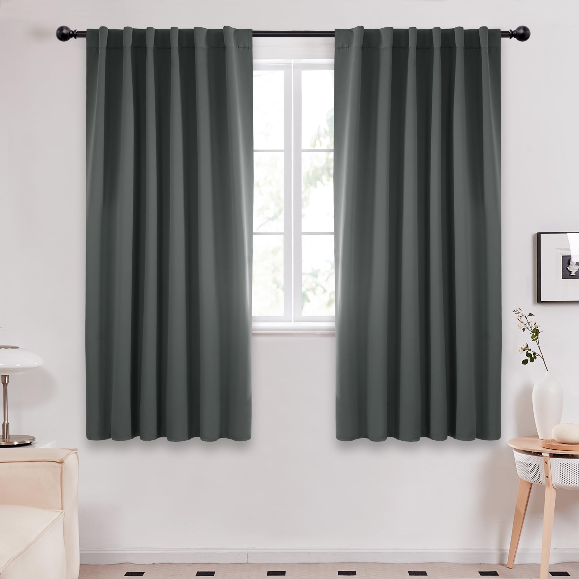 Deconovo Rod Pocket and Back Tab Curtains Room Darkening Curtain Blackout Thermal Insulated Window Curtains for Bedroom 52Wx63L Inch Dark Grey 2 Panels