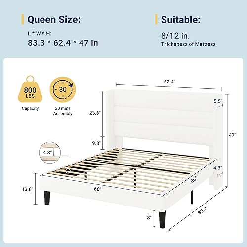 Miniatura 2 de Allewie - Base de cama tamaño Queen con cabecera acolchada tapizada en terciopelo con respaldo abatido, sin necesidad de somier, espacio de