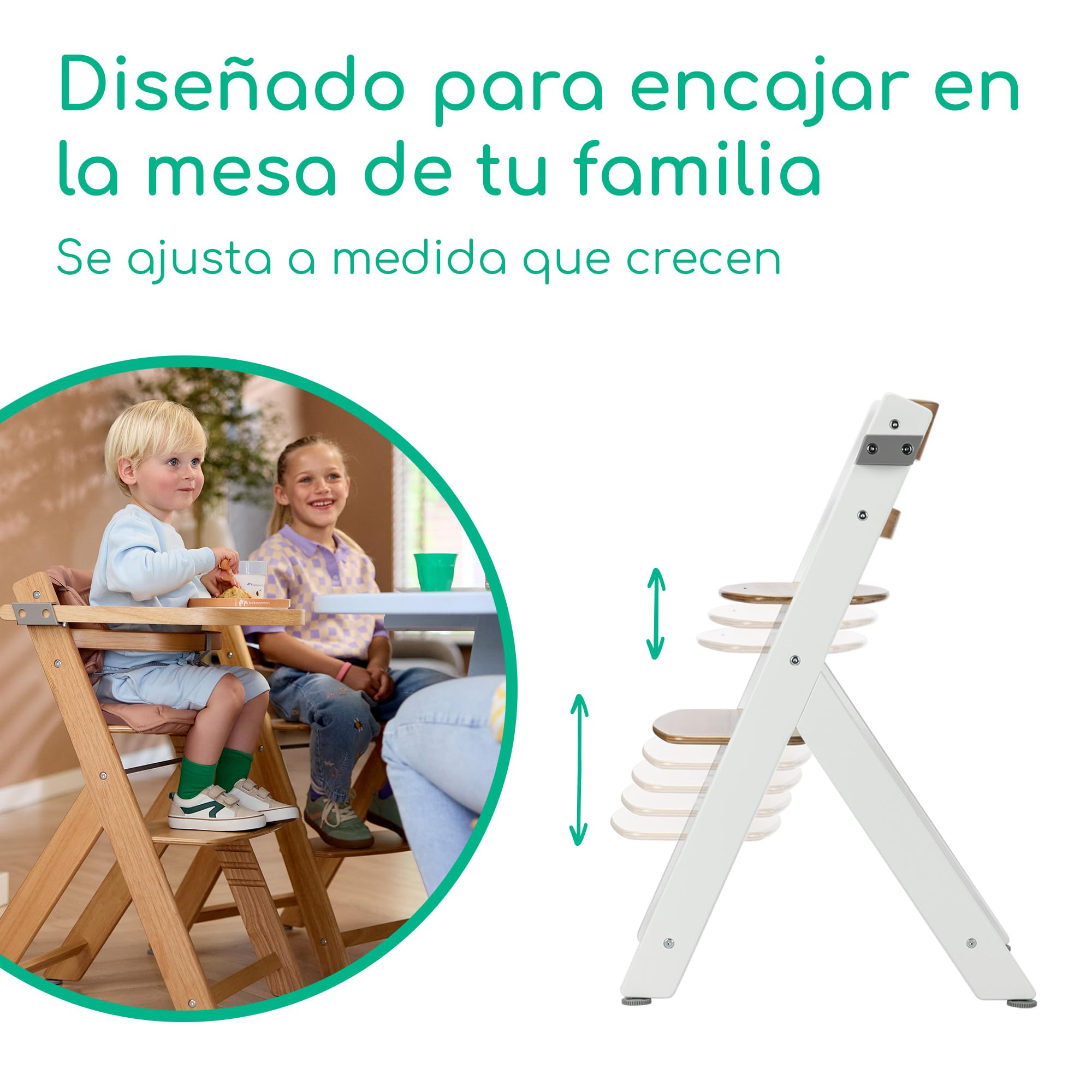 Bebeconfort Timba 2 con Cojín, Trona Bebé Evolutiva, Desde 6 meses hasta 110 kg, Silla Trona Bebé Comedor Ergonómica, Apta Todo Tipo Mesas, Bandeja Extraíble, Con Arnés, Natural Wood (Madera)+Beige
