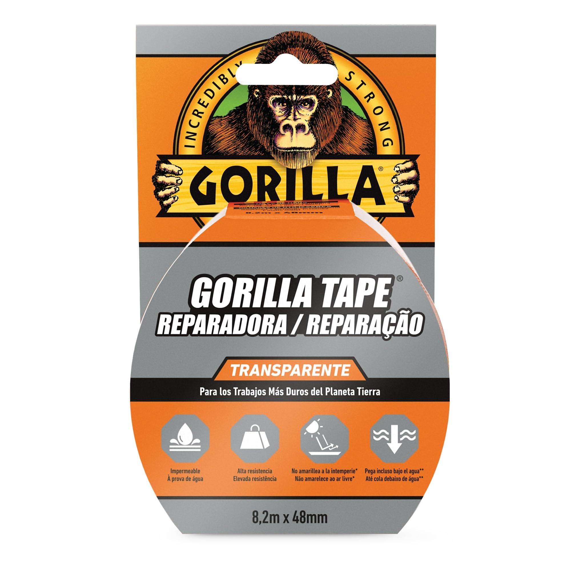 Gorilla Tape – Cinta Americana Transparente, 8,2m x 48mm | Pega Incluso Bajo al Agua | Alta Resistencia y Flexible | No Amarillea a la Intemperie