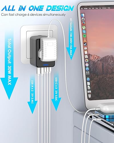Miniatura 2 de El adaptador de viaje universal ofrece 3 puertos USB-C de 3.0 A, 2 puertos USB-A de 2.4 A y adaptador de enchufe de CA, adaptador de corriente