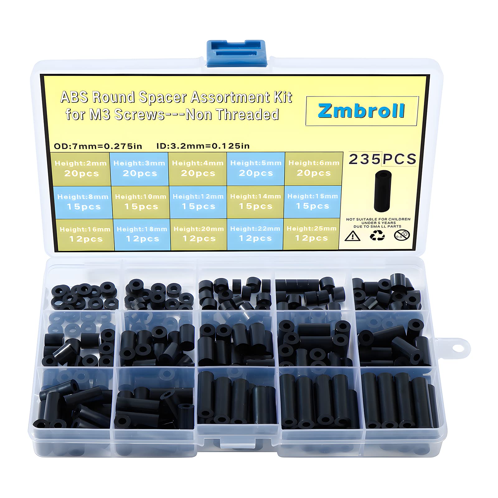 Zmbroll 235Pcs Black Round Spacer OD 7mm ID 3.2mm for M3 Screws 15Sizes ABS Non-Threaded Column Standoff Support Spacer Round Straight Tube Plastic Washer Standoff-image-45