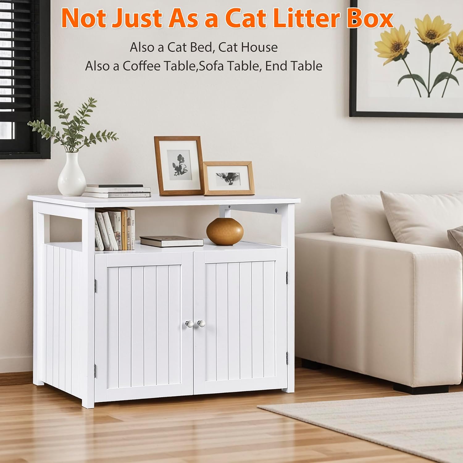 Large Cat Litter Box Enclosure,Litter Box Furniture Hidden with Barn Door Removable Divider,Indoor Wooden Cat Washroom Storage Cabinet End Table,White